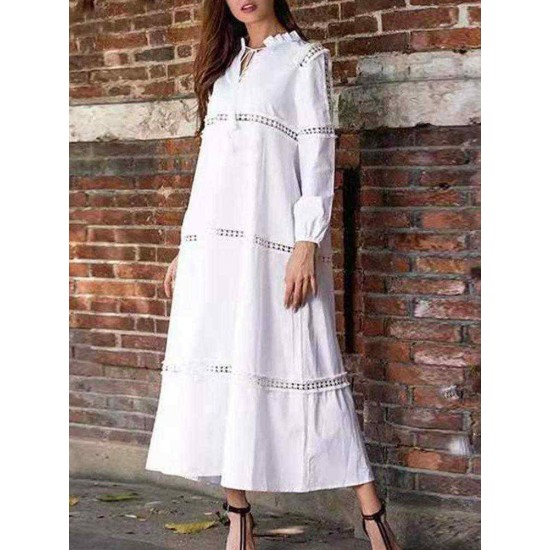 Casual Solid Color Hollow Out Long Sleeve Dress