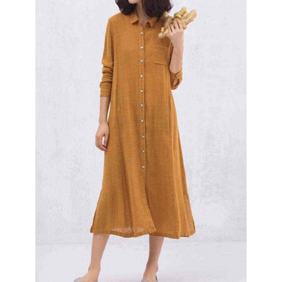Casual Solid Color Pocket Long Sleeve Button Dress