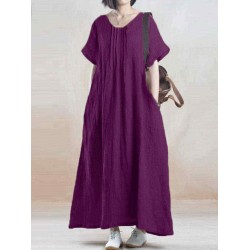 Casual Vintage Pleat Pure Color Maxi Dress