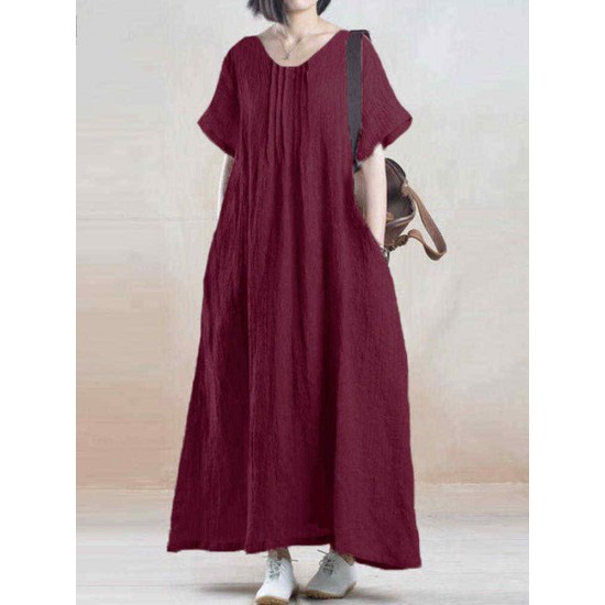 Casual Vintage Pleat Pure Color Maxi Dress