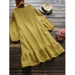 Casual Women Cotton Solid Color Long Sleeve Round Neck Side Pockets Dress