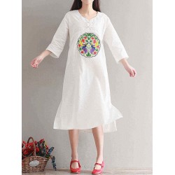 Casual Women Embroidered Kaftan Dress Long Sleeve White Navy Pockets Dresses