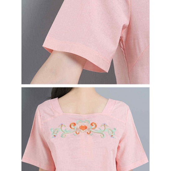 Casual Women Embroidery Dress Frog Buttons Loose Cotton Linen Dresses