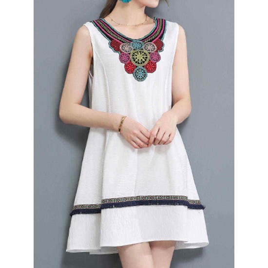 Casual Women Embroidery Dress Sleeveless A Line Cotton Linen Dresses