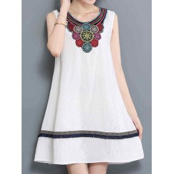 Casual Women Embroidery Dress Sleeveless A Line Cotton Linen Dresses
