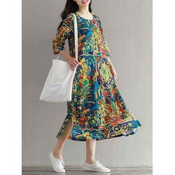 Casual Women Floral Printed Loose 3/4 Sleeves O-Neck Dress