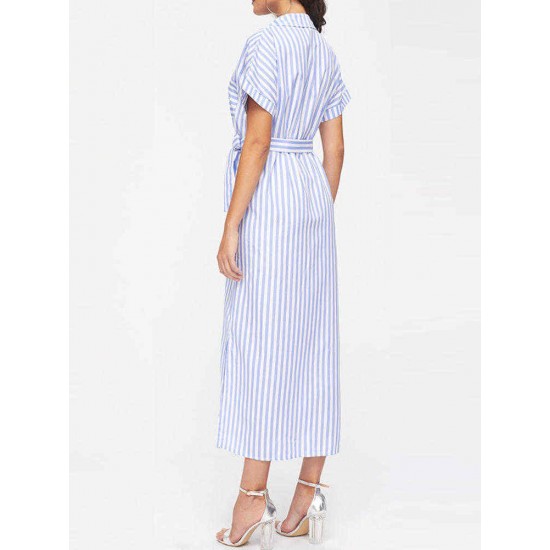 Casual Women Loose Shirt Dress Stripe Split Side Belt Dress with Chest Pockets