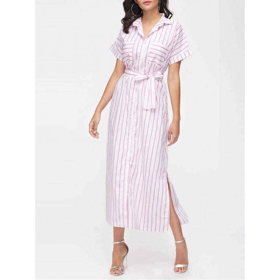 Casual Women Loose Shirt Dress Stripe Split Side Belt Dress with Chest Pockets
