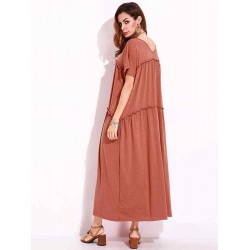 Casual Women Short Sleeve V-Neck Solid Color Long Dress