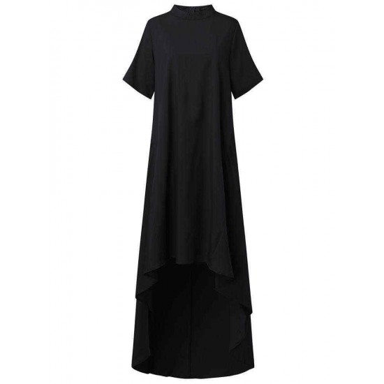 Casual Women Solid Short Sleeve Loose Asymmetrical Hem Dress