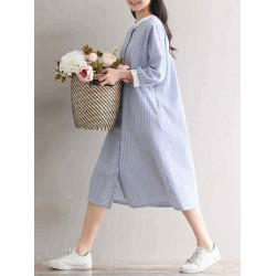 Casual Women Striped Caidigan Round Neck Pockets Blouse Dress