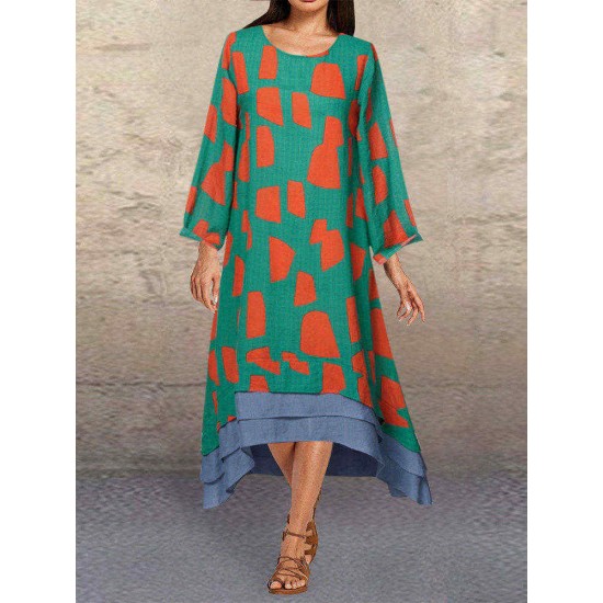 Contrast Color Print Splice Irregular Hem Long Sleeve Dress with Pockets