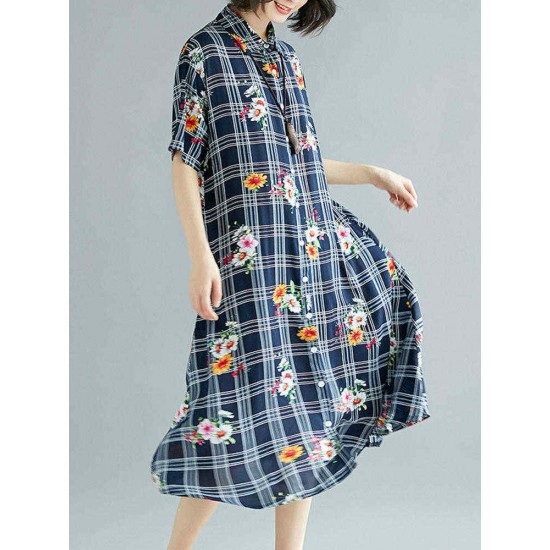 Cotton Floral Print Short Sleeve Vintage Plaid Shirt Dress