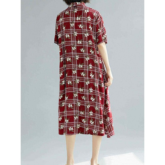 Cotton Floral Print Short Sleeve Vintage Plaid Shirt Dress