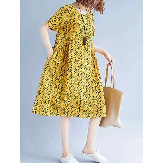 Cotton Short Sleeve Knee-Length Floral Dress