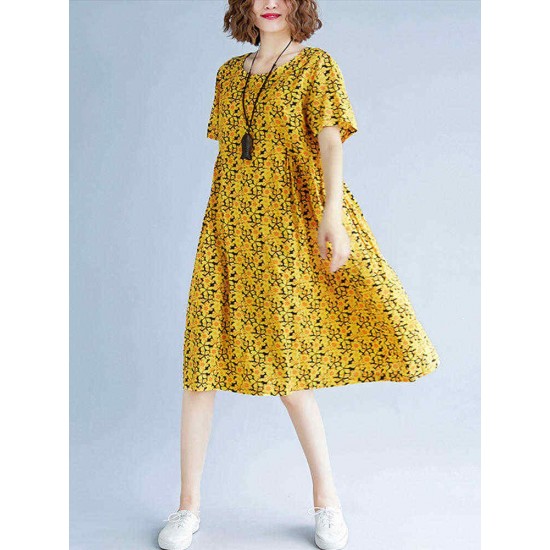 Cotton Short Sleeve Knee-Length Floral Dress