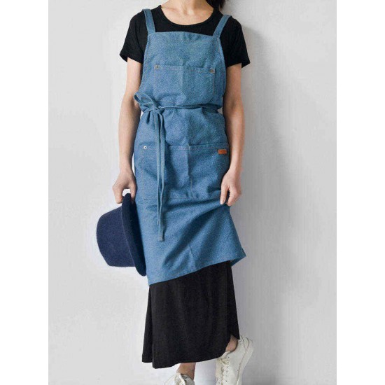 Denim Cowboy Japanese Style Kitchen Cooking Aprons Dress with Pockets