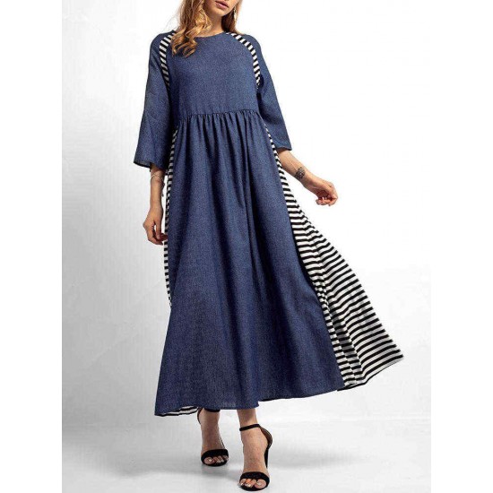 Elegant Women Stripe Patchwork Crew Neck Long Dress