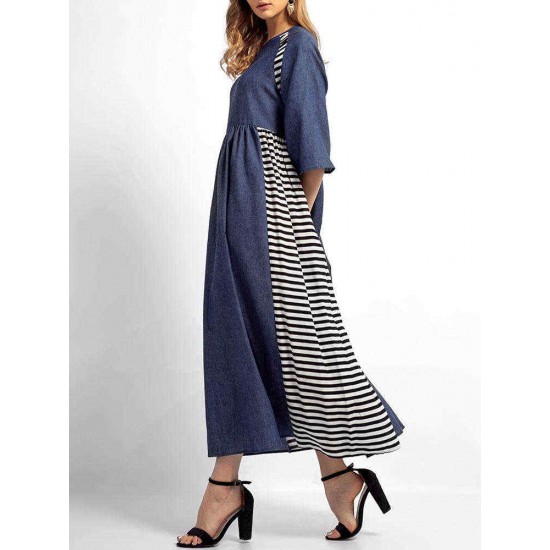 Elegant Women Stripe Patchwork Crew Neck Long Dress