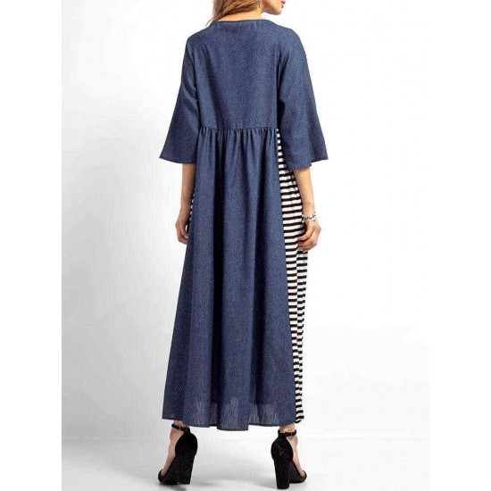 Elegant Women Stripe Patchwork Crew Neck Long Dress