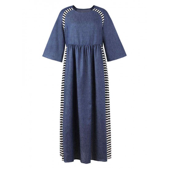 Elegant Women Stripe Patchwork Crew Neck Long Dress