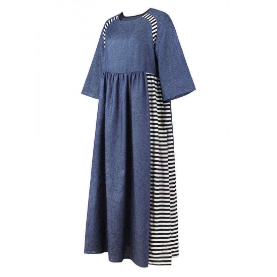 Elegant Women Stripe Patchwork Crew Neck Long Dress