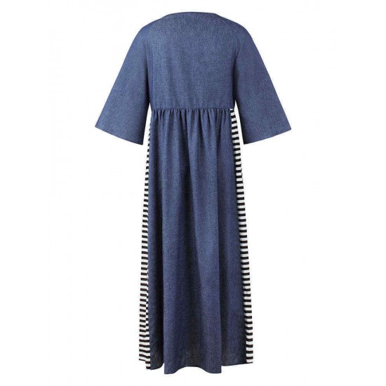 Elegant Women Stripe Patchwork Crew Neck Long Dress