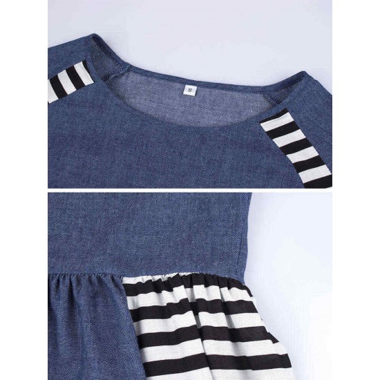 Elegant Women Stripe Patchwork Crew Neck Long Dress