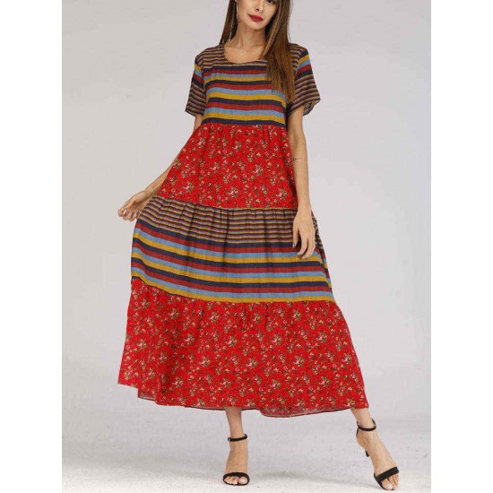 Ethnic Style O-neck Short Sleeve Women Long Dress