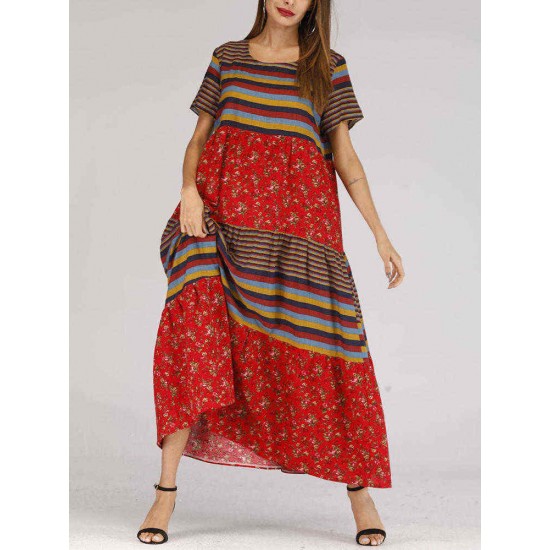 Ethnic Style O-neck Short Sleeve Women Long Dress