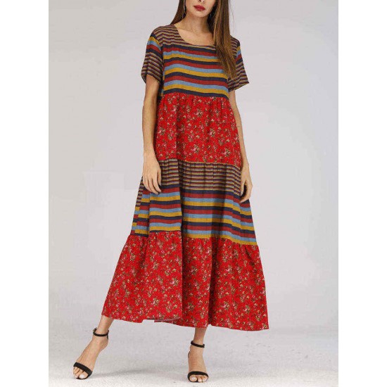 Ethnic Style O-neck Short Sleeve Women Long Dress