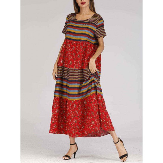 Ethnic Style O-neck Short Sleeve Women Long Dress