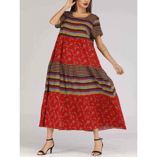 Ethnic Style O-neck Short Sleeve Women Long Dress