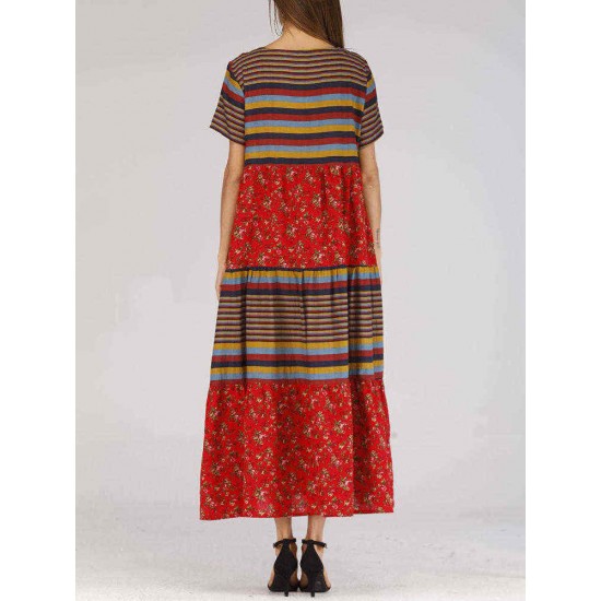 Ethnic Style O-neck Short Sleeve Women Long Dress