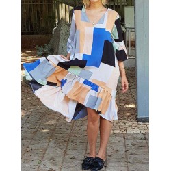 Geometric Print V-neck Half Sleeve Women Fishtail Dress