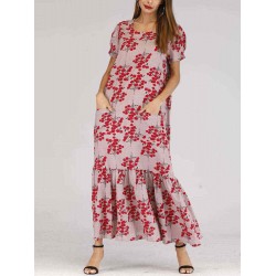 Holiday Floral Print Short Sleeve Pleated Long Dress