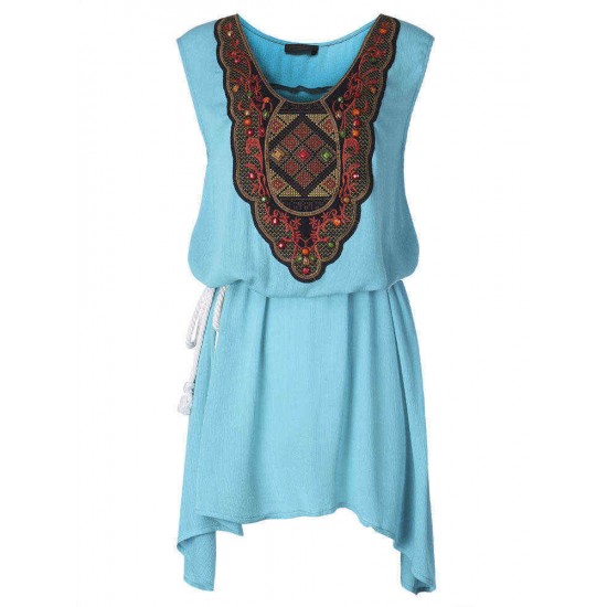 L-5XL Ethnic Style Women Embroidery Stitching High Low Mini Dress