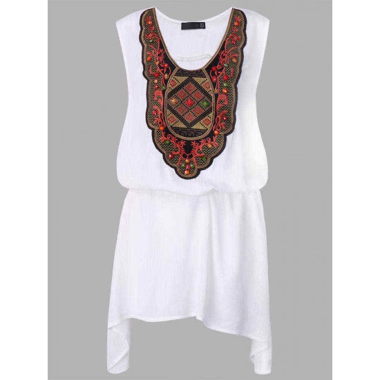 L-5XL Ethnic Style Women Embroidery Stitching High Low Mini Dress