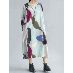 Large Size Colorful Feathers Printed Cotton Linen Long Sleeve Dress For Women