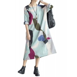 Large Size Colorful Feathers Printed Cotton Linen Long Sleeve Dress For Women