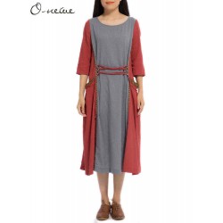 Loose Women Vintage Patchwork Color Pocket Dress