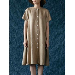M-5XL Vintage Short Sleeve Button Solid Color Dress
