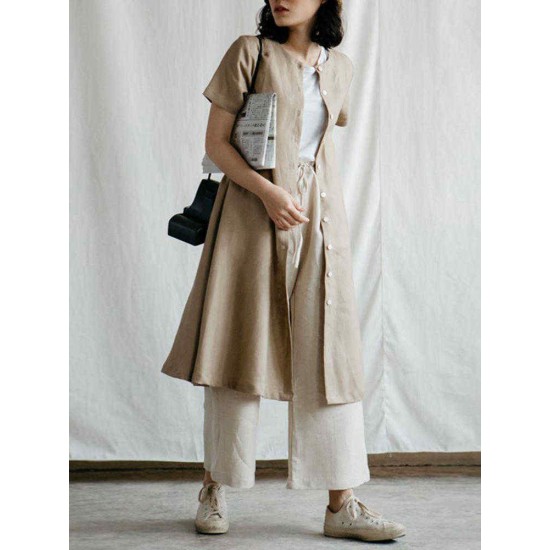 M-5XL Vintage Short Sleeve Button Solid Color Dress