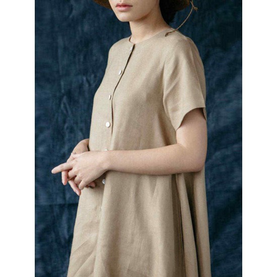 M-5XL Vintage Short Sleeve Button Solid Color Dress