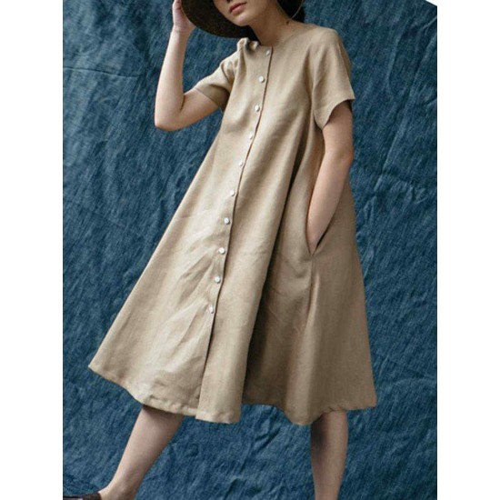 M-5XL Vintage Short Sleeve Button Solid Color Dress