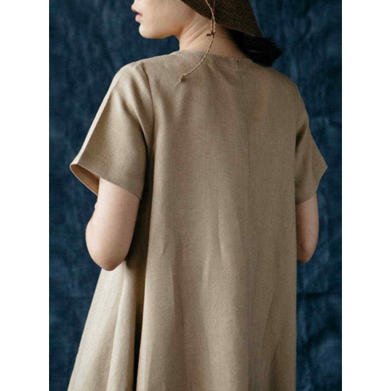 M-5XL Vintage Short Sleeve Button Solid Color Dress