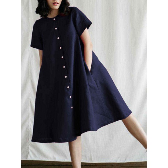 M-5XL Vintage Short Sleeve Button Solid Color Dress