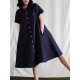 M-5XL Vintage Short Sleeve Button Solid Color Dress