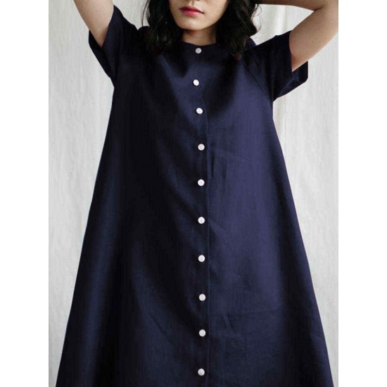 M-5XL Vintage Short Sleeve Button Solid Color Dress