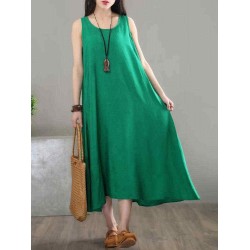 O-NEWE Casual Solid Embossing Sleeveless O-Neck Dress